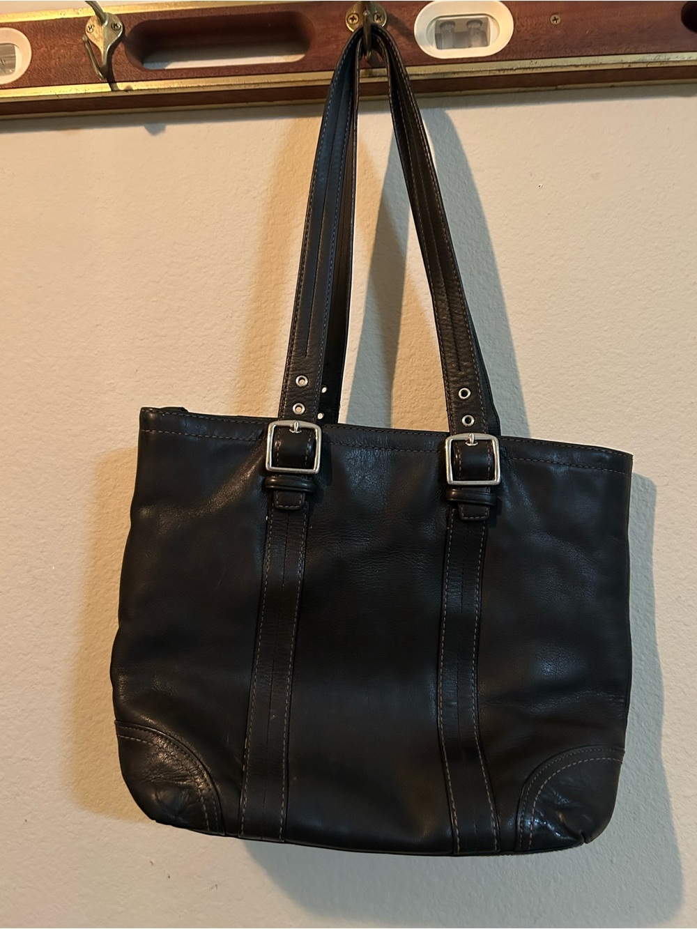 Coach Black Leather Shoulder Tote with Buckle Straps and Dual Handles F11201
